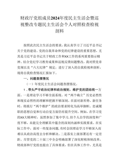 财政厅党组成员2024年度民主生活会暨巡视整改专题民主生活会个人对照检查检视剖析材料.docx