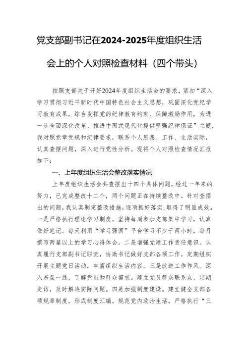 党支部副书记在2024-2025年度组织生活会上的个人对照检查材料（四个带头）.docx