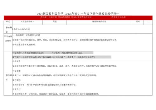2024新版教科版科学（2025年春）一年级下册全册教案教学设计（表格式）.docx
