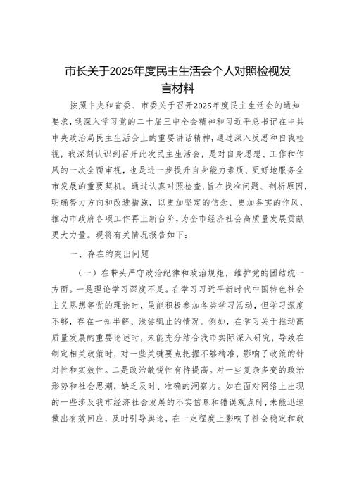 2025年民主生活会对照检查材料精选两篇合辑（市长+副书记）.docx