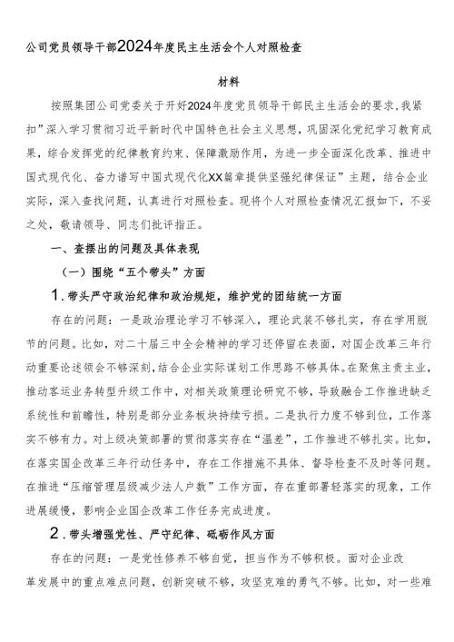 公司党员领导干部2024年度民主生活会个人对照检查材料.docx