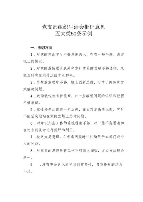 党支部组织生活会批评意见五大类50条示例.docx