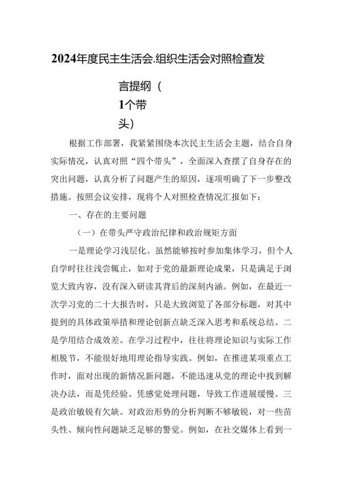 2024年度民主生活会、组织生活会对照检查发言提纲（四个带头）.docx
