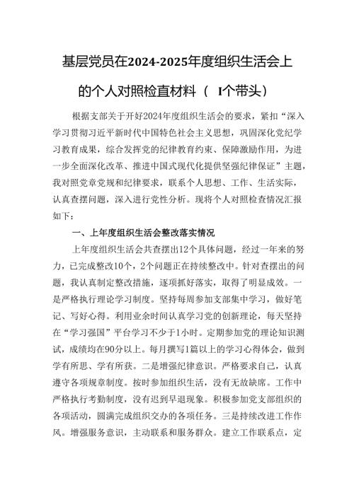 基层党员在2024-2025年度组织生活会上的个人对照检查材料（四个带头）.docx