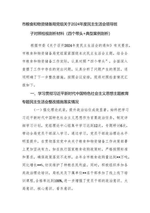 市粮食和物资储备局党组领导班子关于2024年度民主生活会对照检视剖析材料（四个带头+典型案例剖析）.docx