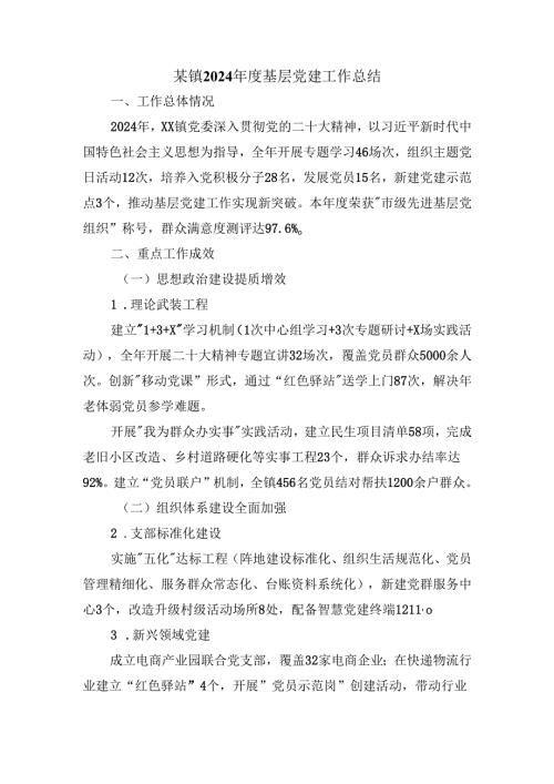 某镇2024年度基层党建工作总结.docx