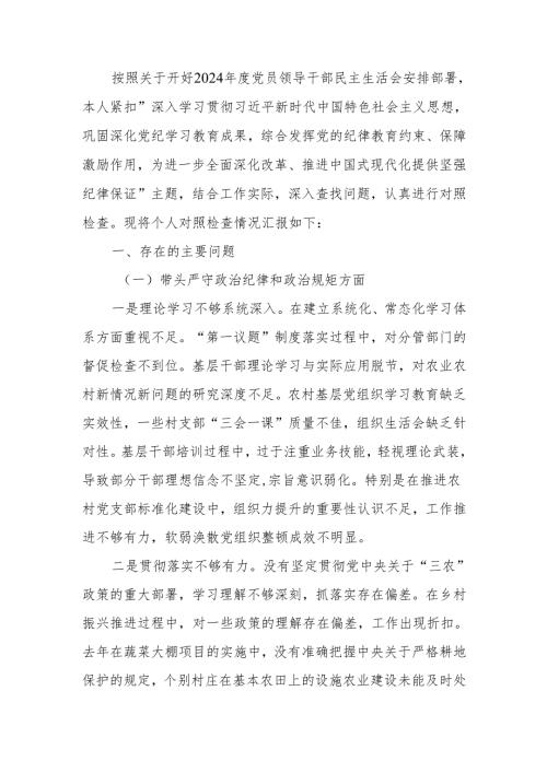 最新乡长2024年度民主生活个四个带头检查材料Word文档.docx