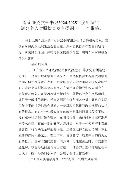 国有企业党支部书记2024-2025年度组织生活会个人对照检查发言提纲（四个带头）.docx