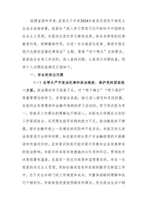 最新2024年度民主生活银行副行长个人检查检视发言材料word可编辑文档.docx