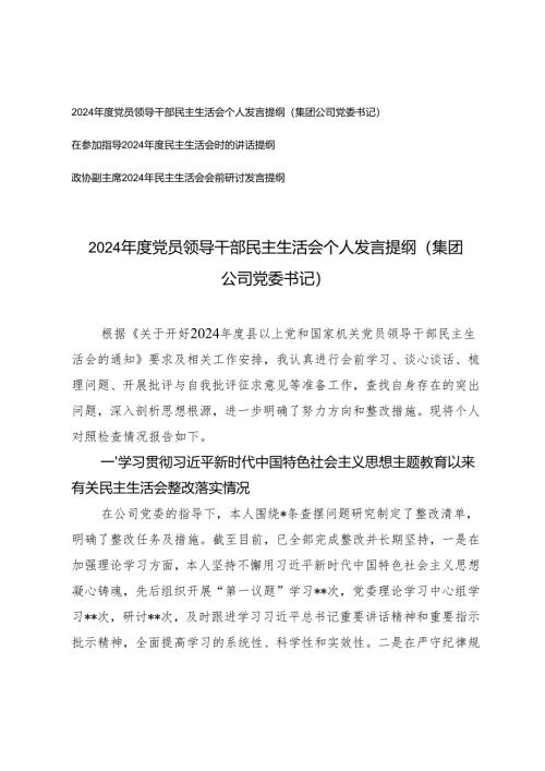 2025年党员领导干部民主生活会个人发言提纲（集团公司党委书记、政协副主席）.docx
