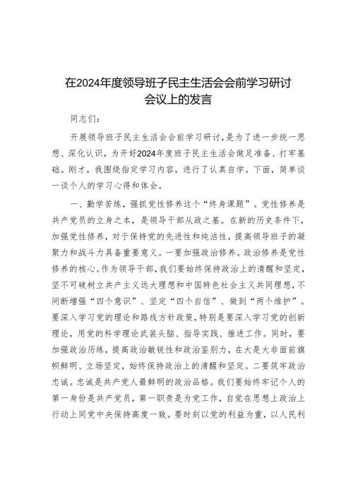 在2024年度领导班子民主生活会会前学习研讨会议上的发言.docx