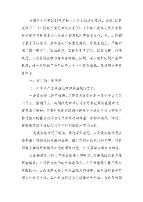 最新2024年度民主生活党员干部四个带头个人检查材料Word文档.docx
