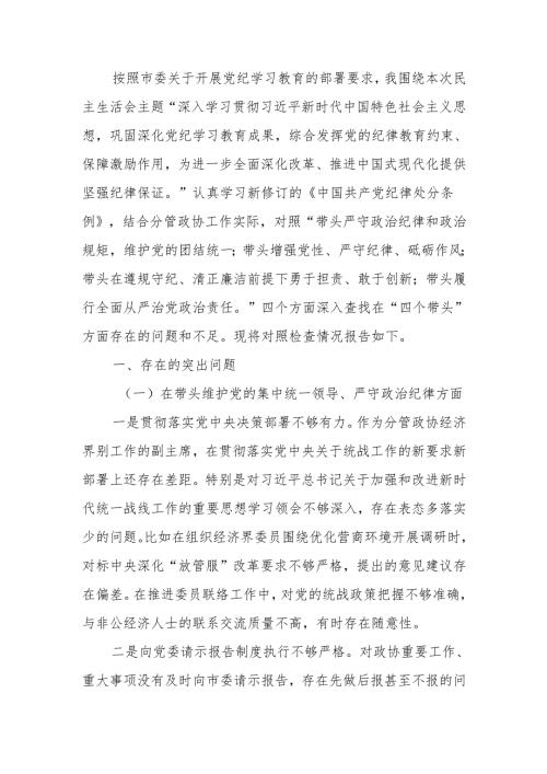 最新政协副主席2024年民主生活个人检查材料（四个带头）范文两篇word范文.docx