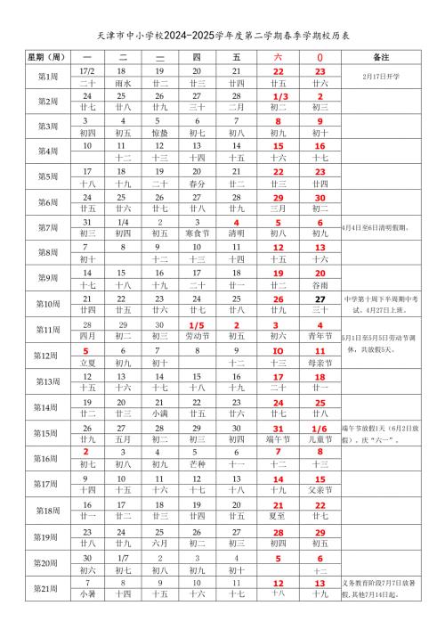 天津市中小学校2024-2025学年度第二学期春季学期校历表word可编辑模板.docx