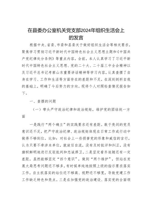 2024年组织生活会材料精选两篇合辑（对照检查+发言材料）.docx