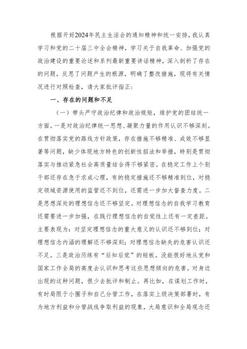 最新市直单位领导干部2024年度专题民主生活、组织生活检查材料（四个带头+典型案例剖析）word可编辑文档.docx