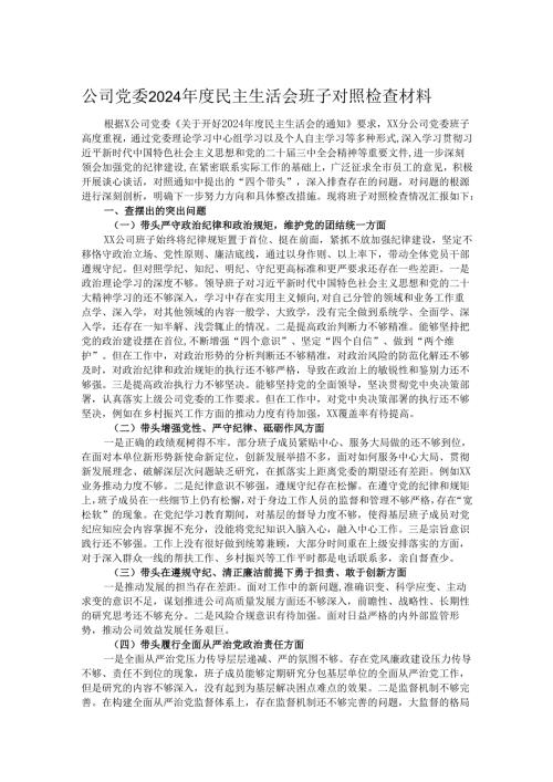 公司党委2024年度民主生活会班子对照检查材料.docx