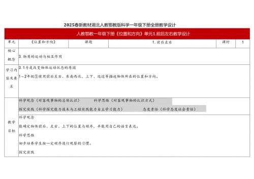 2024版新教材2025春湖北人教鄂教版科学一年级下册全册教案教学设计.docx