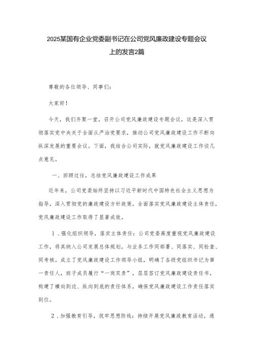 2025某国有企业党委副书记在公司党风廉政建设专题会议上的发言2篇.docx