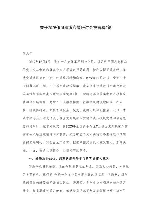 关于2025作风建设专题研讨会发言稿2篇.docx