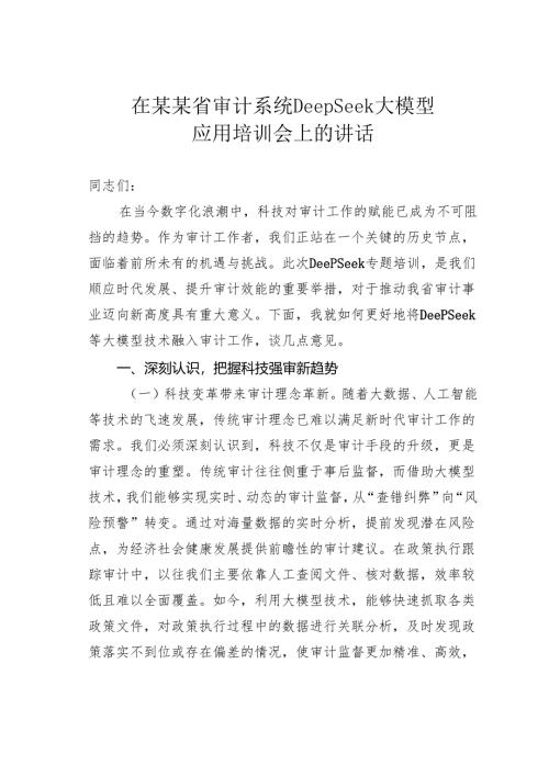 在某某省审计系统DeepSeek大模型应用培训会上的讲话.docx