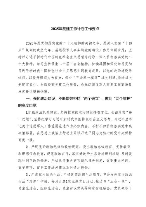 2025年党建工作计划工作要点（7篇）.docx