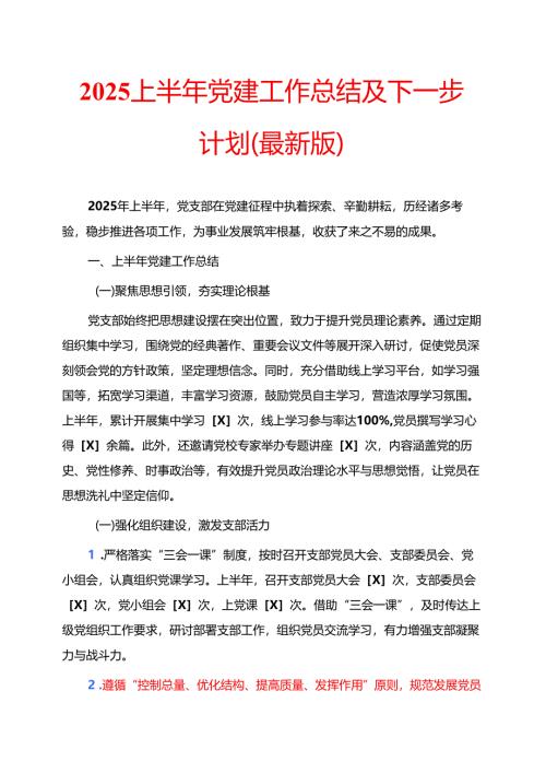 2025上半年党建工作总结及下一步计划（最新版）.docx