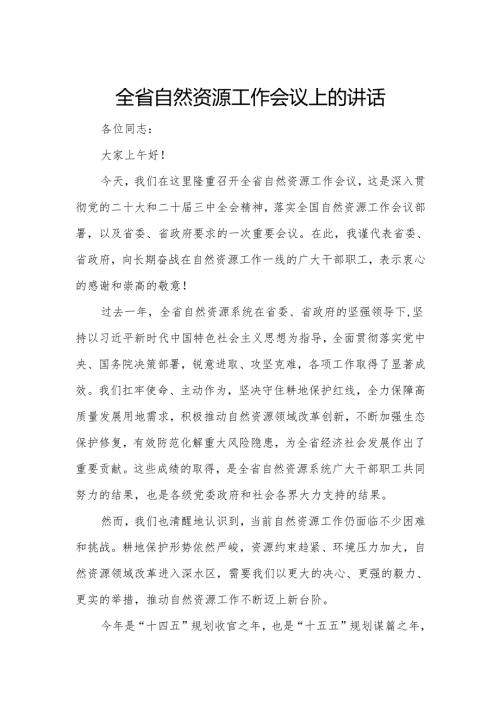 全省自然资源工作会议上的讲话.docx