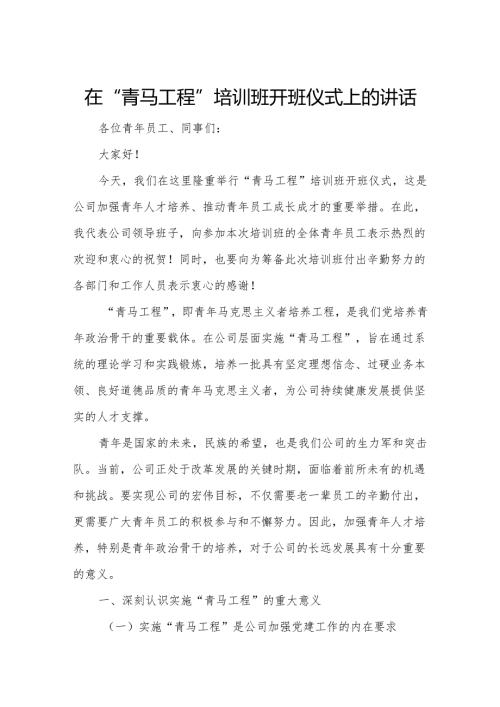 在“青马工程”培训班开班仪式上的讲话.docx