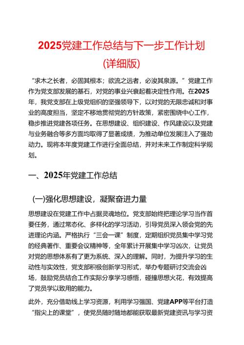 2025 党建工作总结与下一步工作计划（详细版）.docx