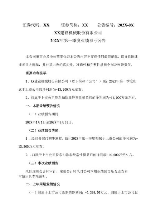 XX建设机械股份有限公司202X年第一季度业绩预亏公告（2025年）.docx