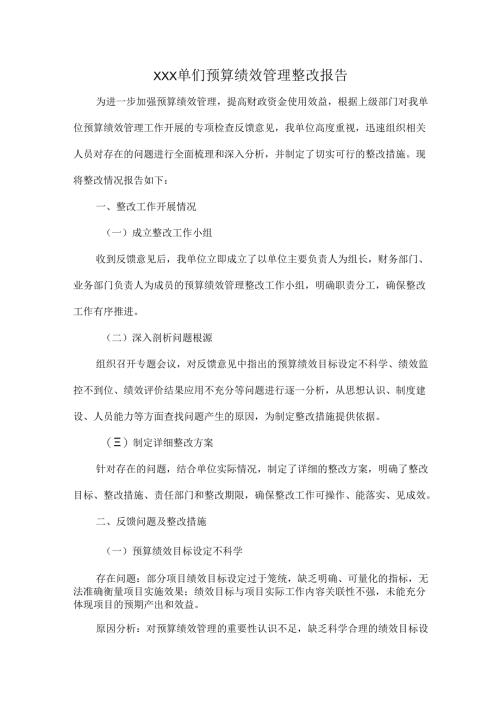 XXX单们预算绩效管理整改报告.docx