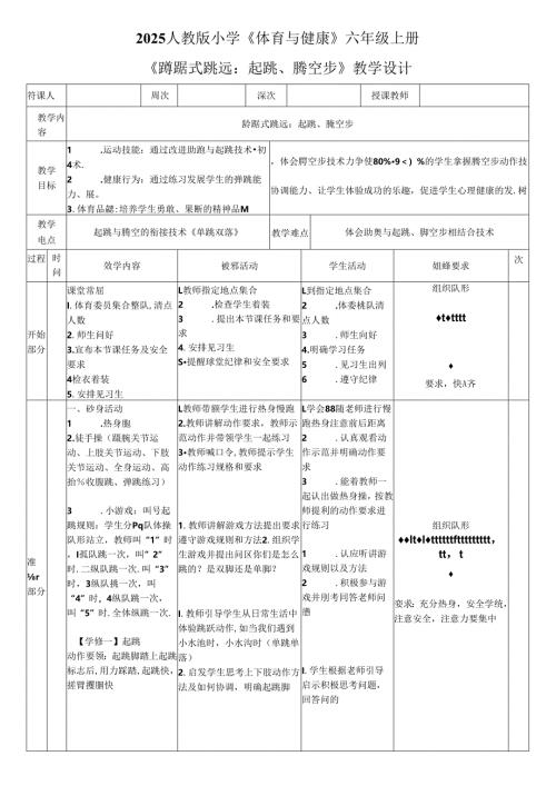2025人教版小学《体育与健康》六年级上册《蹲踞式跳远：起跳、腾空步》教学设计教案（全）.docx