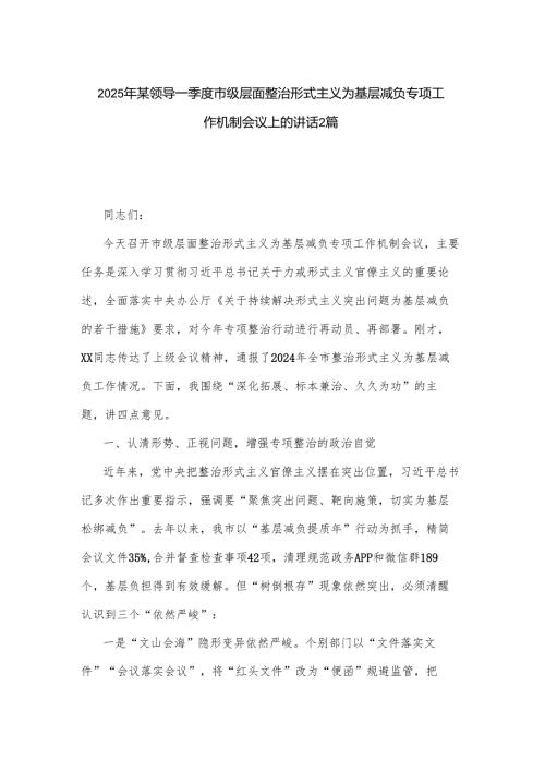 2025年某领导一季度市级层面整治形式主义为基层减负专项工作机制会议上的讲话2篇.docx