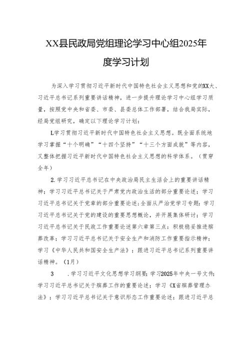 县民政局党组理论学习中心组2025年度学习计划.docx