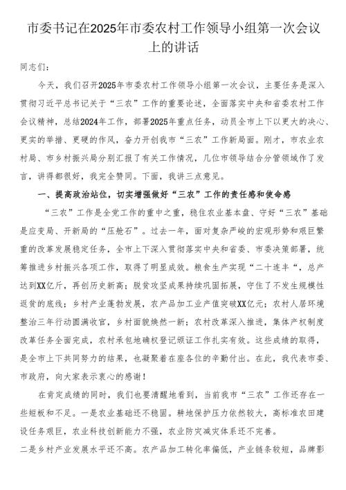 市委书记在2025年市委农村工作领导小组第一次会议上的讲话.docx