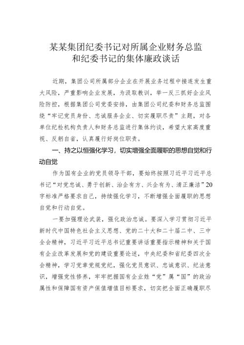 某某集团纪委书记对所属企业财务总监和纪委书记的集体廉政谈话.docx