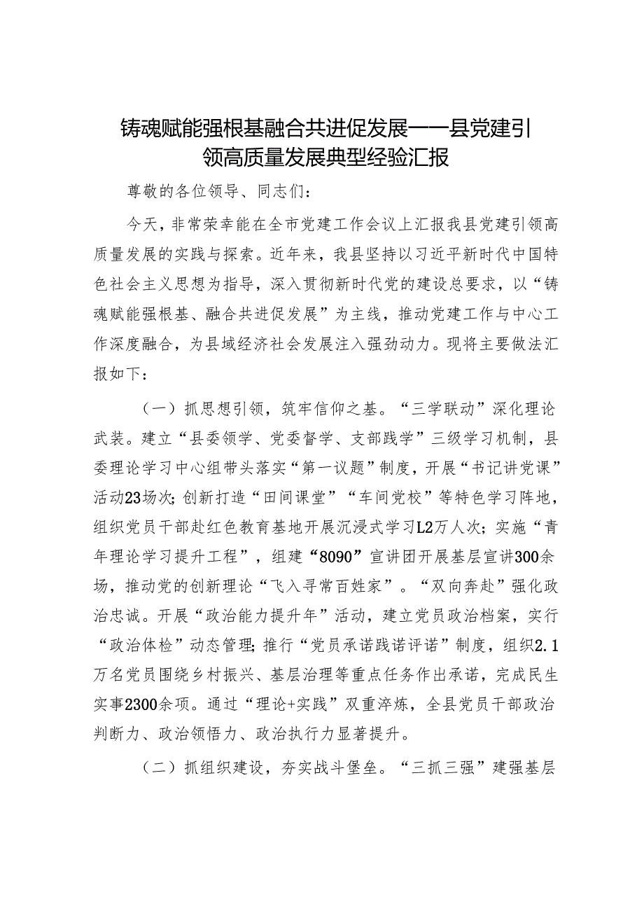 铸魂赋能强根基 融合共进促发展——县党建引领高质量发展典型经验汇报.docx_第1页