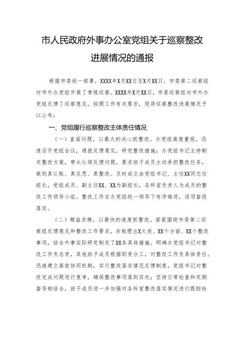市人民政府外事办公室党组关于巡察整改进展情况的通报.docx