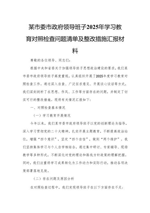 某市委市政府领导班子2025年学习教育对照检查问题清单及整改措施汇报材料.docx