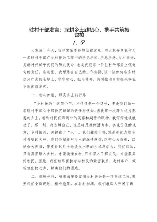 驻村干部发言：深耕乡土践初心携手共筑振兴梦.docx