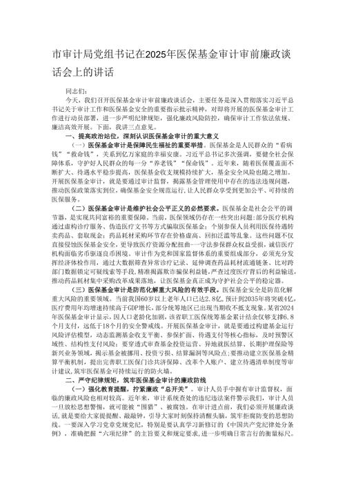 市审计局党组书记在2025年医保基金审计审前廉政谈话会上的讲话.docx