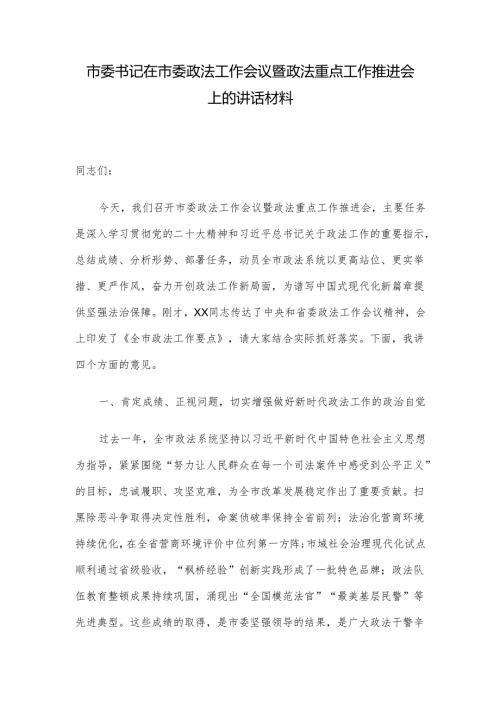 市委书记在市委政法工作会议暨政法重点工作推进会上的讲话材料.docx