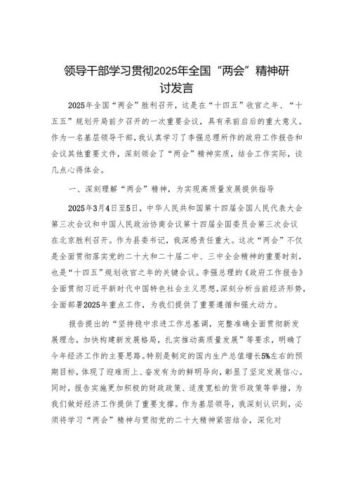 领导干部学习贯彻2025年全国“两会”精神研讨发言.docx