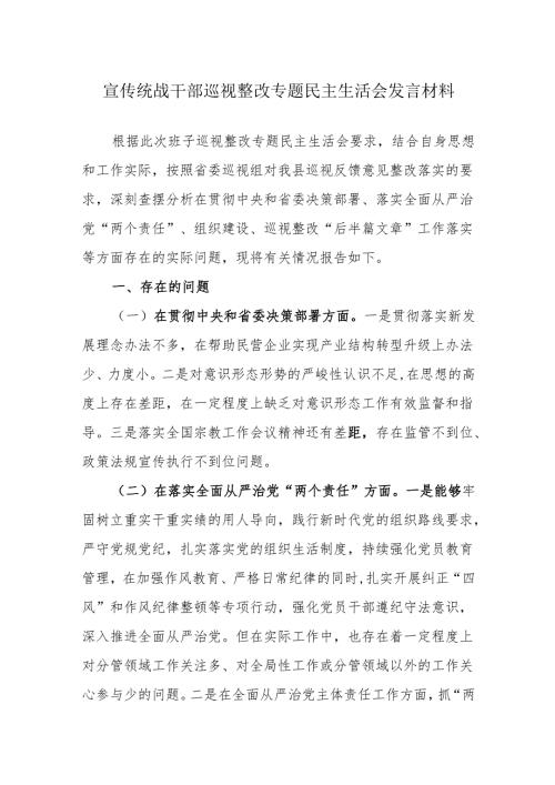 宣传统战干部巡视整改专题民主生活会发言材料.docx