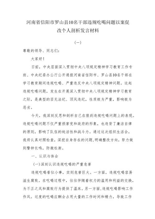 河南省信阳市罗山县10名干部违规吃喝问题以案促改个人剖析发言材料.docx