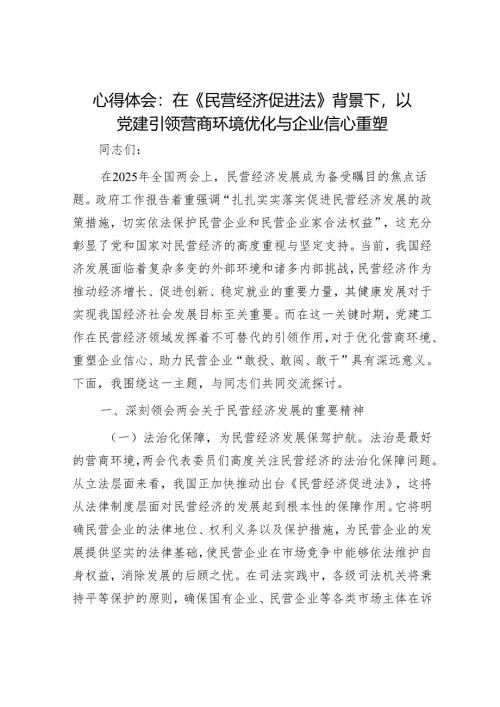 心得体会：在《民营经济促进法》背景下以党建引领营商环境优化与企业信心重塑.docx