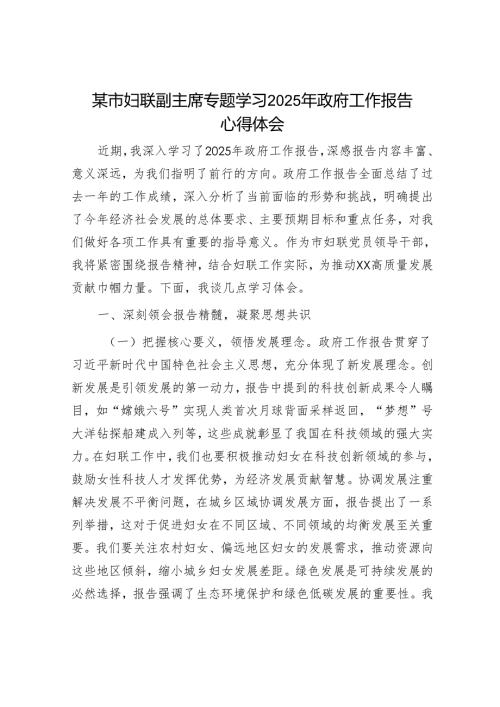 某市妇联副主席专题学习2025年政府工作报告心得体会.docx