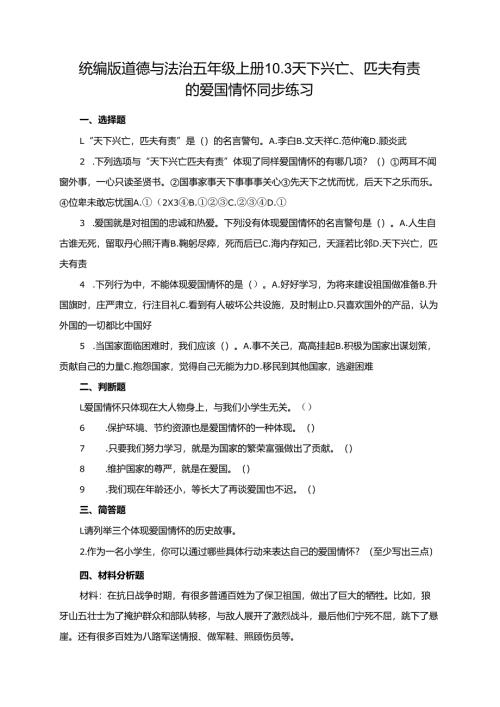 统编版道德与法治五年级上册10.3天下兴亡、匹夫有责的爱国情怀同步练习.docx