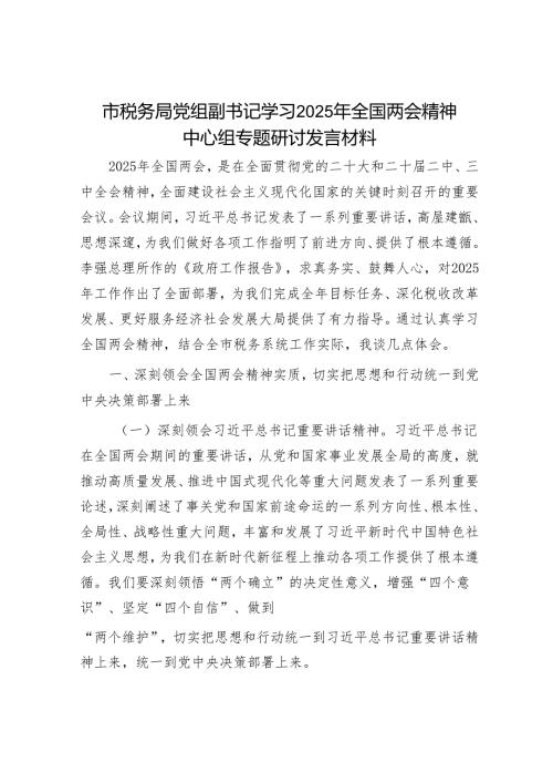 市税务局党组副书记学习2025年全国两会精神中心组专题研讨发言材料.docx